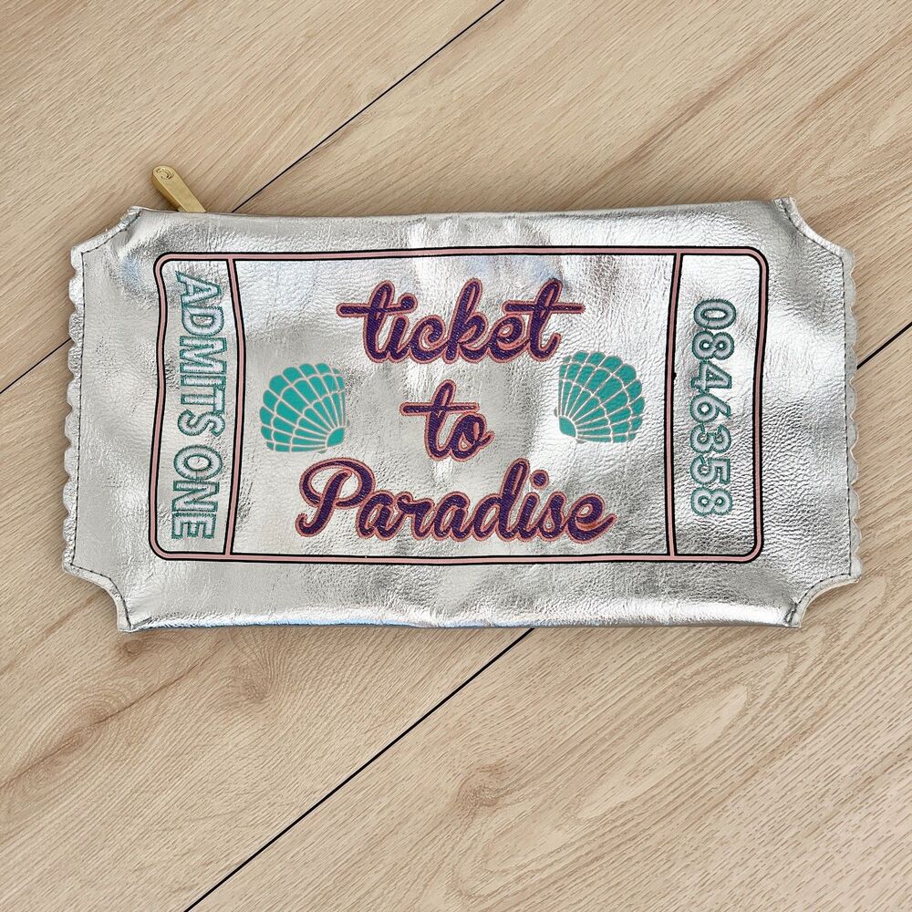 Charming Charlie "Ticket to Paradise" Silver Clutch Purse 13" x 7" / Whimsical